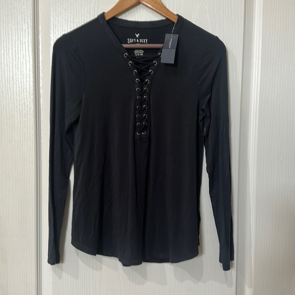 American eagle, soft and sexy slate gray  long sleeve lace up front Tee NWT